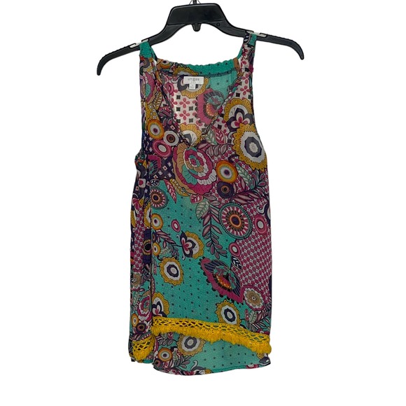 Umgee‎ Tank Top Size Small Colorful Floral V-Neck Boho Womens Lace Bottom - Picture 1 of 8
